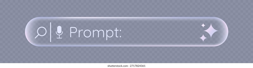 Transparent Generative AI bar design in liquid glass. Artificial intelligence prompt search field. Vector minimalistic design.