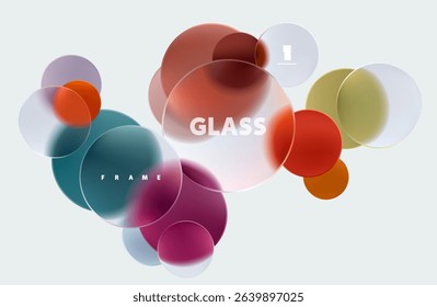 Transparent geometric circles and balls in liquid glass style. Abstract poster design.