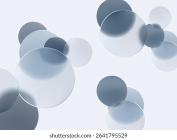 Transparent geometric circles and balls in liquid glass style. Abstract poster design. 