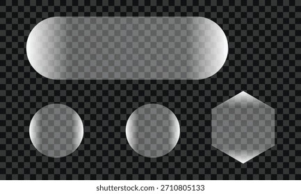 Formas geométricas transparentes con bordes redondeados y reflejos sobre un fondo oscuro