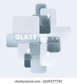 Transparent geometric squares and rectangles in liquid glass style. Abstract poster design.