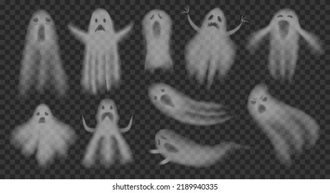 Transparent ghost. Translucent ghosts shadow halloween spooky creatures, soul phantom ghostly fog smoke spirit face creepy mist effect, horror ingenious vector illustration. Translucent phantom shape