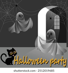Transparent ghosts in a room with cobwebs. Vector illustration.