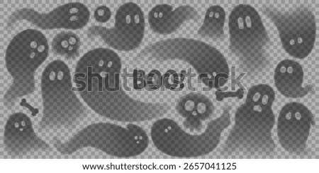 Transparent ghosts shadows for Halloween. Collection of transparent shadows of ghosts for Halloween decoration. Vector illustration of 3d scary poltergeists or phantoms. Set of cute spirits or ghosts.