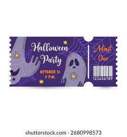 Transparente Geister und Spinnennetze auf violettem Hintergrund. Nette Halloween-Ticket-Design-Vorlage. Bunte Gutschein für Event, Urlaub und Party. Vektorgrafiken.