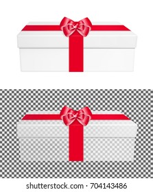 Transparent gift box with red ribbon and bow.