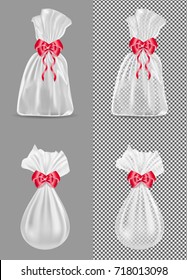 Transparent gift pouch with red ribbon and bow.