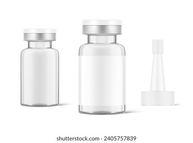 Transparent glass ampoule  mockup for cosmetics. Vector illustration isolated on white background. Can be use for medicine, cosmetic and other. Ready for your design. EPS10.