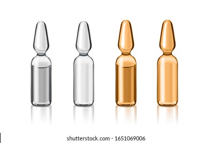 Transparent glass ampoules set, Realistic vector illustration.