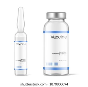 Transparent glass ampule and bottle for vaccine injections mockup. Vector illustration isolated on white background. Can be use for medicine, cosmetic and other. Ready for your design. EPS10.	