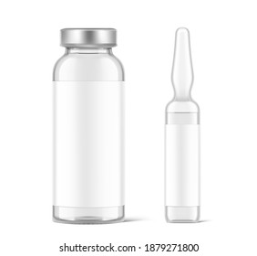 Transparent glass ampule and bottle for vaccine injections mockup. Vector illustration isolated on white background. Can be use for medicine, cosmetic and other. Ready for your design. EPS10.	