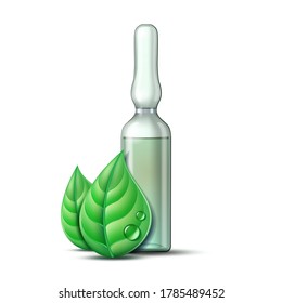 Transparent Glass Ampule With Vaccine Or Drug For Medical Treatment And Two Green Leaves. Pharmaceutical Vector Symbol With Leaf For Pharmastore, Homeopathic And Alternative Medicine. Vector