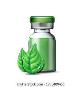 Transparent Glass Ampule With Vaccine Or Drug For Medical Treatment And Two Green Leaves. Pharmaceutical Vector Symbol With Leaf For Pharmastore, Homeopathic And Alternative Medicine. Vector