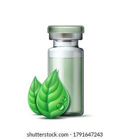 Transparent Glass Ampule With Vaccine Or Drug For Medical Treatment And Two Green Leaves. Pharmaceutical Vector Symbol With Leaf For Pharmastore, Homeopathic And Alternative Medicine. Vector