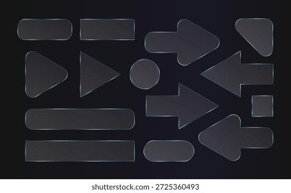 Seta de vidro transparente, efeito de quadro 3d. Retângulo de textura plástico, quadrado gradiente brilhante. Painel de tela de forma cristalina. Caixa de texto botão redondo ui, reflexo de brilho de néon. Sobreposição de líquido realista