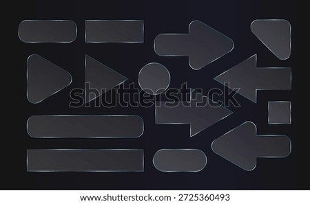 Transparent glass arrow, 3d frame effect. Plastic texture rectangle, glossy gradient square. Screen panel crystal clear shape. Text box round button ui, neon glow reflection. Realistic liquid overlay