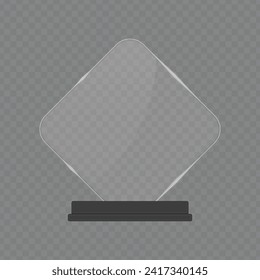 Transparent glass award, trophy glass table display. Plastic clear stand reflection shiny plates template isolated on transparent background.