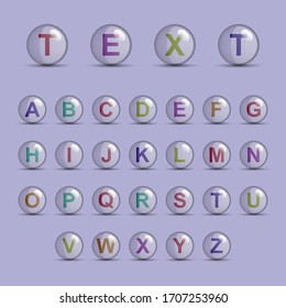 La bola de vidrio transparente en el interior son letras coloridas. alfabeto colorido dentro de burbujas transparentes. adecuado para infografías, recursos de juego, tarjetas de felicitación, publicidad, etc., color editable