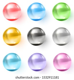 Transparent glass balls. Set of multicolored transparent glass spheres with shadows. 