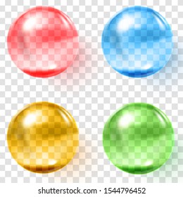 Bolas de vidrio transparentes. Conjunto de esferas multicolores de vidrio transparente con sombras. 