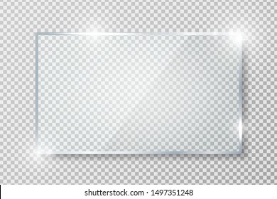 Transparent glass banner with reflection isolated on transparent background. Blank gloss glass plate. Realistic rectangle glass frame. Square 3d shiny display mockup. Window design. Vector