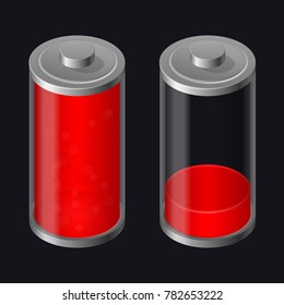 Transparent Glass Battery. Low Charging. Red Color. Isolated on Black Background. Vector Element for Your Creativity