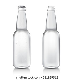 Transparent glass beer bottles. Set realistic patterns bottles are ready for your design. Mock Up Template Ready For Your Design. Isolated On White Background. Vector illustration