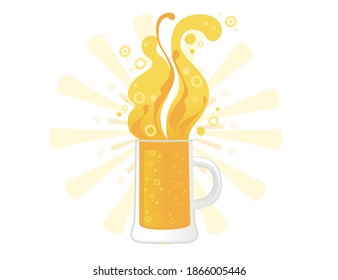 Transparent glass beer mug abstract beer flow with radiance flat vector illustration isolated on white background