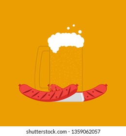 Transparent glass with beer and two sausages. Beer mug with foam, bubbles and  snack. Vector flat isolated illustration.
