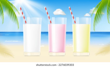 Transparent glass beverage glasses with straws. Vector illustration.  Easy to use for your design, advertising, promo and etc. EPS10.   