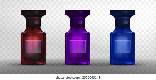 Frasco de vidro transparente para fragrância. Recipiente de vidro de produto de perfumaria vermelho, roxo e azul com pulverizador e tampa. Realista vetor 3d ilustração conjunto de perfume água embalagem floco mockup.