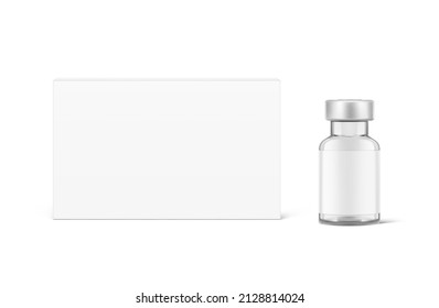 Transparent glass bottle for injections mockup near the cardboard box. Vector illustration. Can be use for medicine, cosmetic and other. EPS10.	