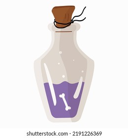 Frasco de vidrio transparente con una poción mágica, cerrado con tapones resaltados sobre un fondo blanco