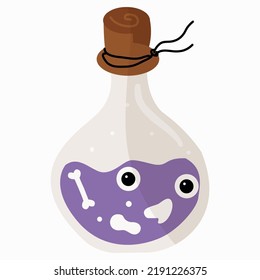Transparent glass bottle with a magic potion, closed with stoppers highlighted on a white background