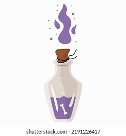 Transparent glass bottle with a magic potion, closed with stoppers highlighted on a white background