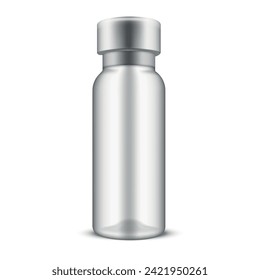 Transparent glass bottle for medical injection liquid pharmacy cure vaccination mockup realistic vector illustration. Package for healthcare pharmacology vaccine container ampule jar with metallic cap