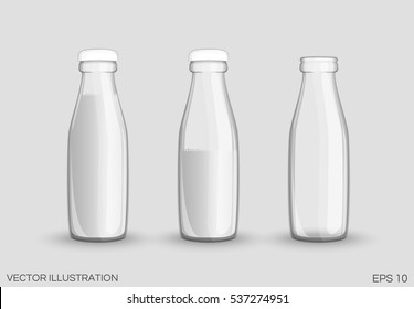 Transparent glass bottle milk. Full, half full and empty bottle. Vector images by category dairy products.