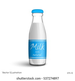 Transparent glass bottle milk with a label on a white background. A bottle filled with milk. Vector images by category dairy products.