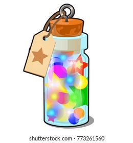 Transparent glass bottle with multicolored Christmas decorations isolated on white background. Sample of poster, party holiday invitation, festive card. Vector cartoon close-up illustration.