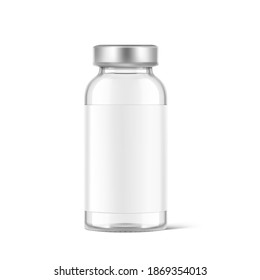 Transparent glass bottle for vaccine injections mockup. Vector illustration isolated on white background. Can be use for medicine, cosmetic and other. Ready for your design. EPS10.
