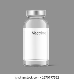 Frasco de vidrio transparente para las inyecciones de vacuna. Ilustración vectorial. Puede usarse para medicamentos, cosméticos y otros. Listo para tu diseño. EPS10.	