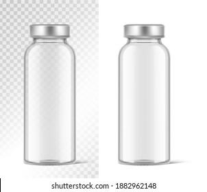 Frasco de vidrio transparente para las inyecciones de vacuna. Ilustración vectorial aislada en fondo blanco. Puede usarse para medicamentos, cosméticos y otros. Listo para tu diseño. EPS10.	