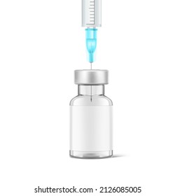 Transparent glass bottle for vaccine injections mockup. Vector illustration isolated on white background. Can be use for medicine, cosmetic and other. Ready for your design. EPS10.	