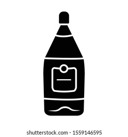 Transparent glass bottle of wine glyph icon. Luxury alcoholic drink, beverage. Red wine in bar, cafe. Glassware with label. Silhouette symbol. Negative space. Vector isolated illustration