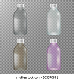 Transparent Glass Bottles. Dairy products. Empty and closed jars. Vector set of four images.