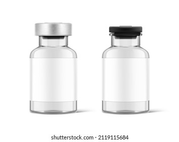 Transparent glass bottles for injections mockup. Vector illustration isolated on white background. Can be use for medicine, cosmetic and other. Perfect for final pack shot. EPS10.	