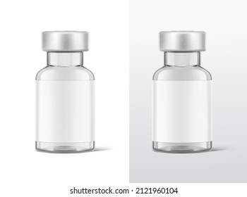 Transparent glass bottles for injections mockup. Vector illustration. Great for different backgrounds. Can be use for medicine, cosmetic and other. Perfect for final pack shot. EPS10.	