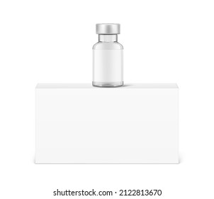 Transparent glass bottles for injections mockup on the cardboard box. Vector illustration. Can be use for medicine, cosmetic and other. EPS10.	