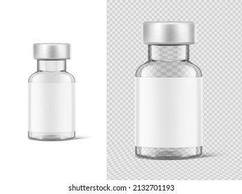 Transparent glass bottles for injections mockup. Layered file. Vector illustration. Great for different backgrounds. Can be use for medicine, cosmetic and other. Perfect for final pack shot. EPS10.	