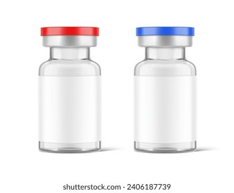 Transparent glass bottles for injections mockup. Vector illustration isolated on white background. Can be use for medicine, cosmetic and other. Ready for your design. EPS10.